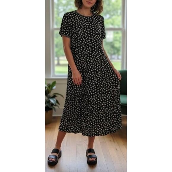 Talbot’s Vintage 90s Black Floral Dress Goth Grunge Contrast Collar Tie Waist 10 - Picture 1 of 5